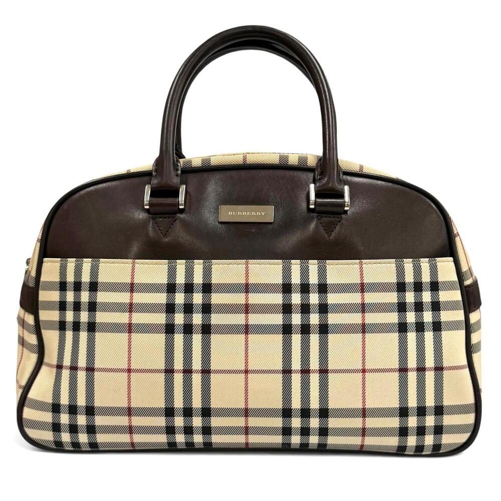 BURBERRY Vintage Nova Check Leather Duffle Bag/Handbag with Logo Plate - Beig...